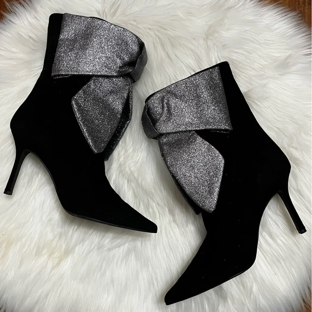 $890 | Domenico Vacca Black Suede Stiletto Glitter Bow Heel Boots sz. 10